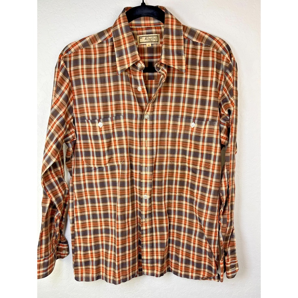Kentfield Men's M Plaid Button-Front Western‎ Shirt Brown Orange Long Sleeve